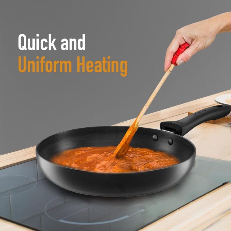 KENT Hard Anodised Frying Pan 22 CM | 1.4L | Non Reactive, Non Toxic, & Non Staining Food Grade Surface | 3.25mm Thick Base for Uniform Heating| Cool Touch Bakelite Handle | Induction Friendly, Black - Image 3