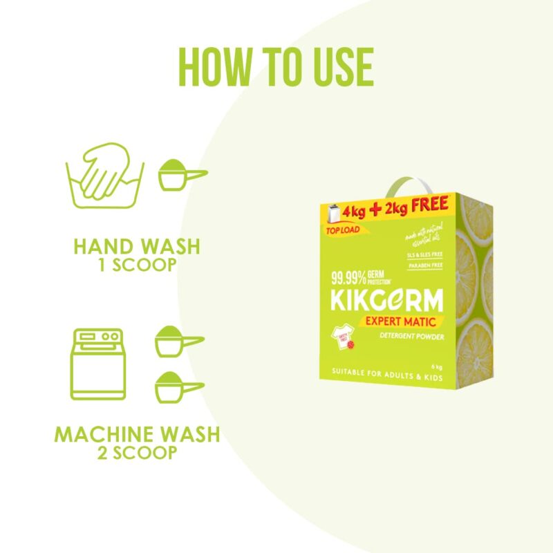 Kikgerm Plant Based Top Load Laundry Detergent Powder - Natural, Eco-friendly, Non-toxic, Chemical-free, Biodegradable - Skin Safe, Pet Safe - Tough Stain Remover - 4 Kg + 2 Kg (6 Kg) - Image 5
