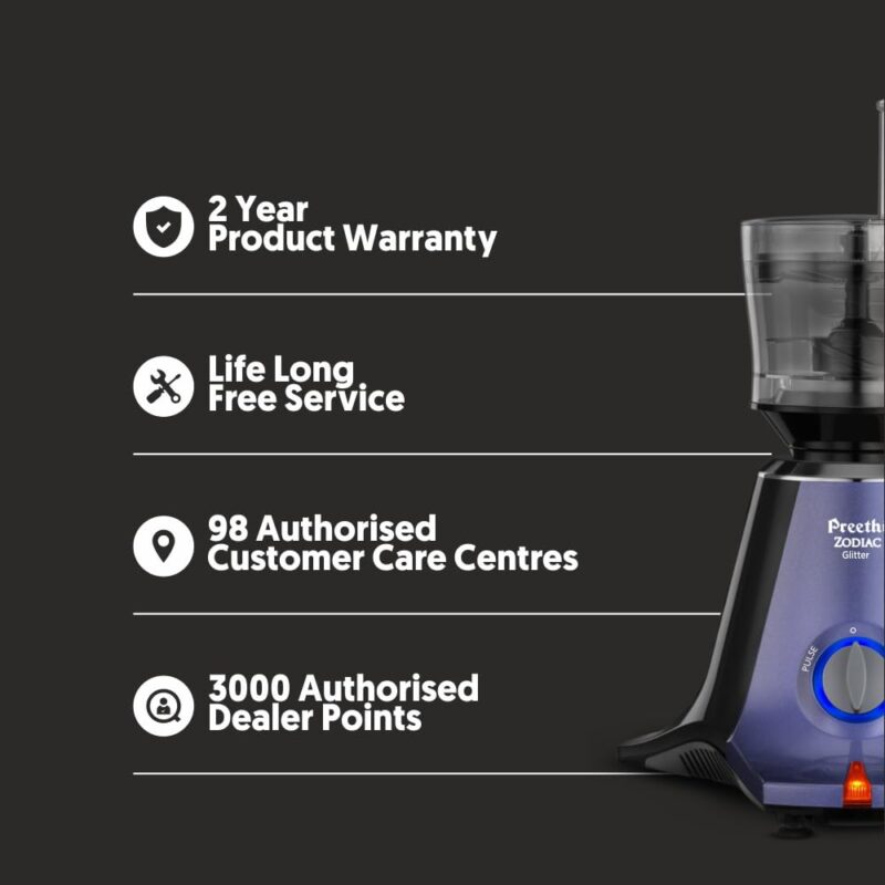 Preethi Zodiac Glitter MG 264, 750 Watt Mixer Grinder, 5 Jars (3 Stainless steel Jars +1 Juicer Jar+1 Master Chef Plus Food processor Jar), Lavender/Black - Image 2
