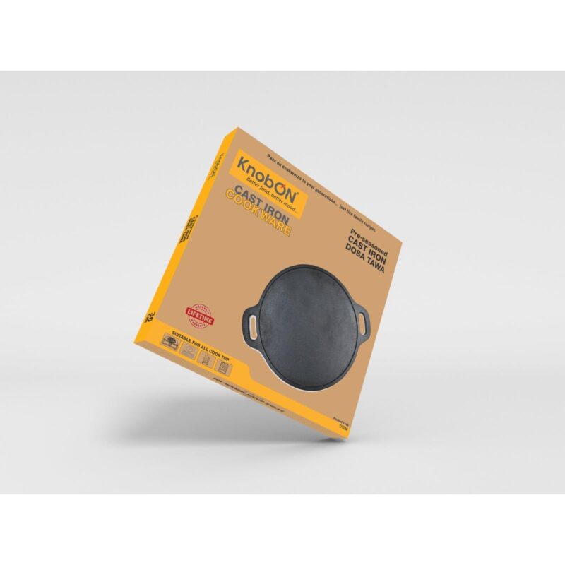 KNOBON Pre-Seasoned Cast Iron Flat Dosa/Roti/Chapati Tawa Pan With 2 Side Handle, Dosa Kallu, Iron Tawa Big Size Non-Toxic Cookware Utensi| Gas And Induction Compatible | 30 Cm (Black) - Image 2