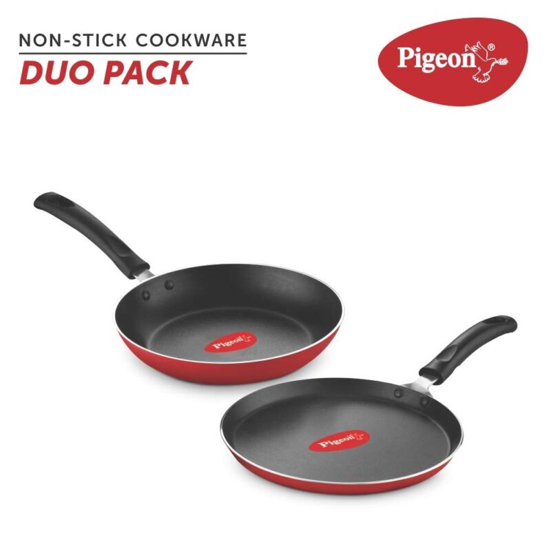 Pigeon Aluminium Nonstick Duo Pack Flat Tawa 250 and Fry Pan 200 Gift Set (Red) - Image 6