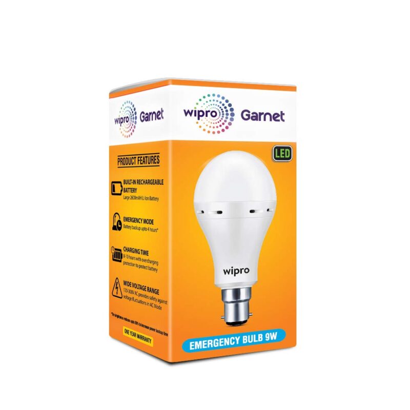 wipro Garnet 9w LED Emergency Bulb | Cool Day White (6500K) | B22 LED Bulb Base | Inverter Bulb for home, with 4 Hours battery back up| Li-ion Battery | Over charging Protection | Pack of 1 - Image 2