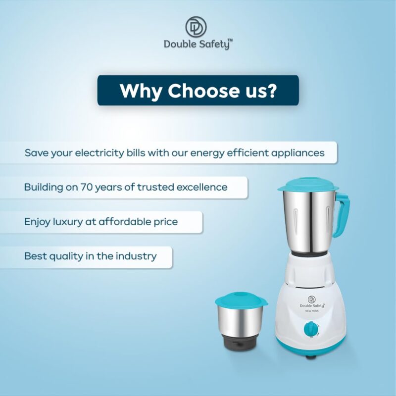 Double safety New York Mixer Grinder 500 watts | Chutney Jar and Liquidizing jar to make chutneys, Milkshake, Smoothies, Puree | High Speed | Superior Mixi for Kitchen | Stainless Steel Jars - Image 4