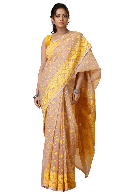 Oishani Saree Ghor Women's Traditional Bengal Cotton & Silk Soft Jamdani Saree - Beautiful Bokul Design Work - 5.5 metres Saree Without Blouse Piece_Pewater
