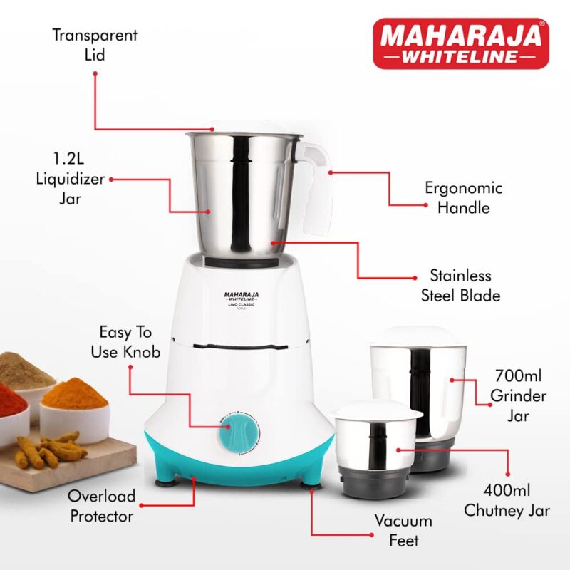 Maharaja Whiteline Livo Classic Mixer Grinder, 500W -MX-250 (Blue & White) - Image 3