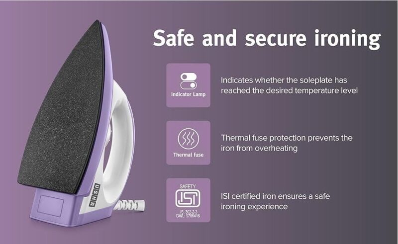 USHA EI Armor 1100 Watts Dry Iron Plastic With Black Weilburger Soleplate (Purple), 1100 Watt - Image 3