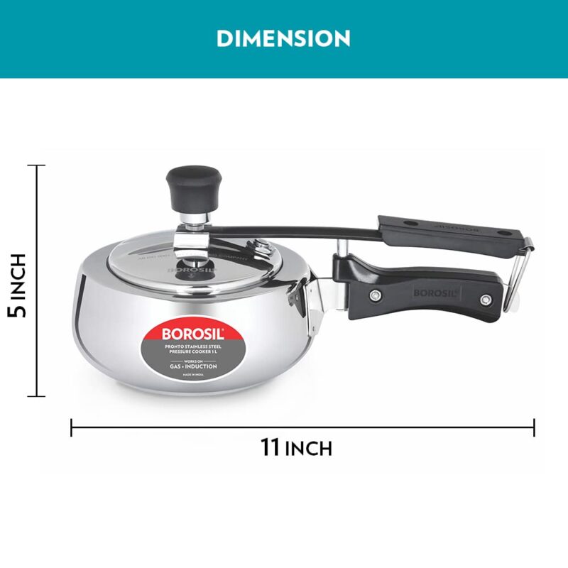 Borosil Pronto 1 L Inner Lid Stainless Steel Pressure Cooker | 6.8 mm Thick Base, Even Heat Distribution | Gas & Induction Campatible | 5 Years Warranty - Image 7
