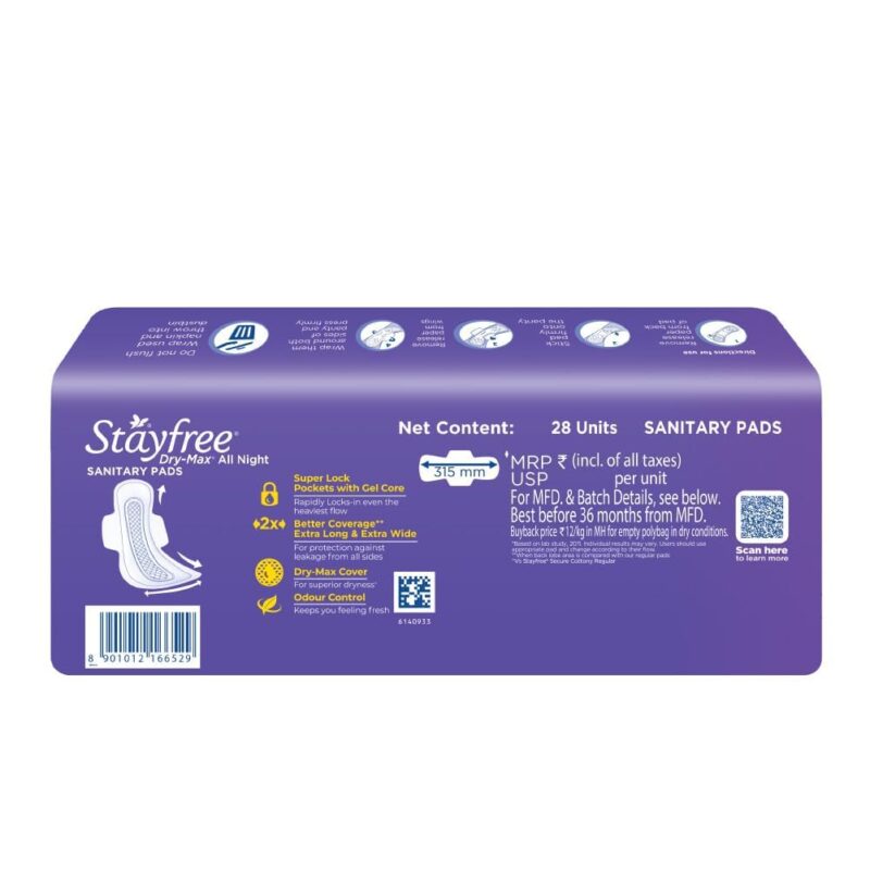 Stayfree Dry Max All Night XXL (28 pads) Dry Cover Sanitary Pads For Women With Wings - Image 7