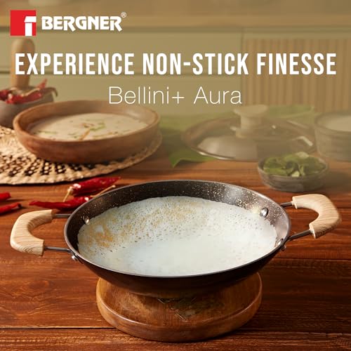Bergner Bellini Plus Aura 5-Layer Non-Stick 20 cm Appachetty with Stainless Steel Lid, Wooden Finish Soft Touch Handle, Even Heat Distribution, PFOA Free, Gas Stove Compatible - Black - Image 7