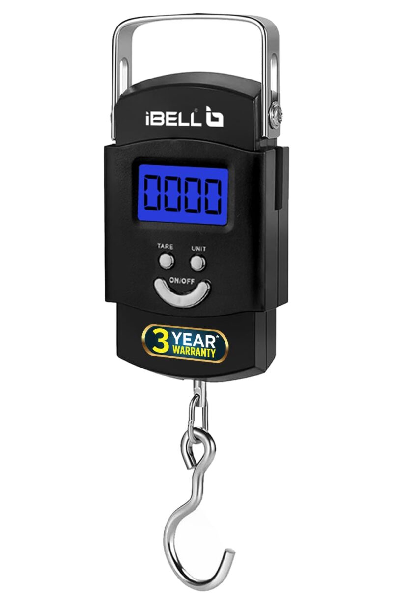 iBELL Weight Machine For Luggage Weighing Scale, Portable, 50 KG, Stainless Steel Hook, Digital LED Display & Tare Function, LS050M (Black)