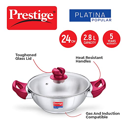 Prestige Stainless Steel Platina Popular Gas Compatible Fry Pan, 24 Cm (2.25 L) + Platina Popular Kadai with Glass Lid, 24 Cm (2.8 L) Kitchen Set - Image 6