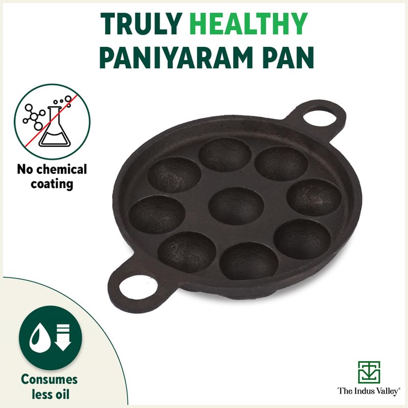 The Indus Valley Super Smooth Cast Iron Paniyaram Pan | Small, 9pit, 8.2 Inch/20.8cm, 2.7kg | Induction Friendly | Nonstick, Pre-Seasoned, 100% Pure & Toxin-Free, No Chemical Coating, Black - Image 8