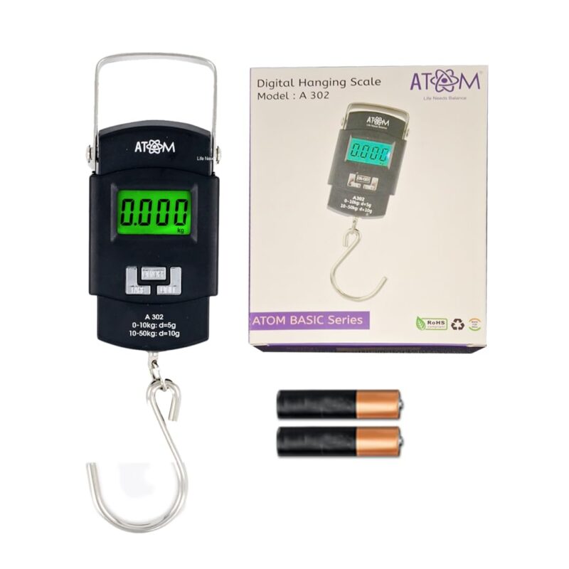 ATOM A 302 Electronic Digital Hanging Stainless Steel Hook Luggage Portable Scale with LCD Display for Industrial Fishing Factory Use Capacity 50Kg