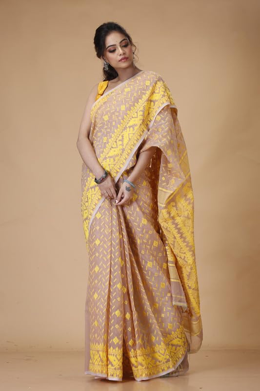 Oishani Saree Ghor Women's Traditional Bengal Cotton & Silk Soft Jamdani Saree - Beautiful Bokul Design Work - 5.5 metres Saree Without Blouse Piece_Pewater - Image 7