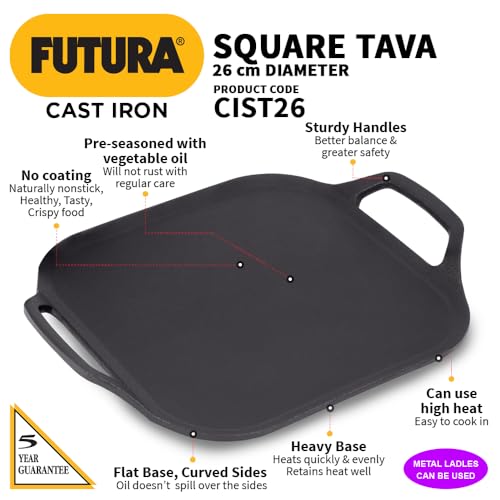 Hawkins Futura 26 cm Cast Iron Square Tava, Cast Iron Tawa for Pathri, Cast Iron Cookware for Kitchen (CIST26) - Image 6