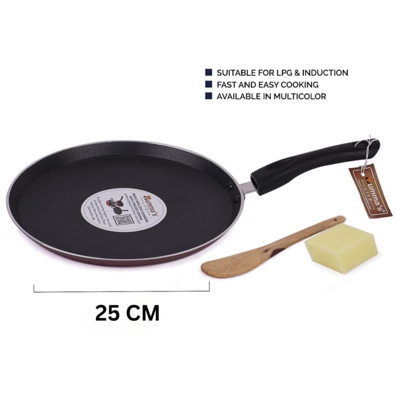 Mumma's LIFE Non Stick Dosa Tawa with Sturdy Riveted and Bakelite Handle (Induction and Gas Stove Friendly), Non Toxic and PFOA Free, 24 Months Warranty (25CM, RED) - Image 3