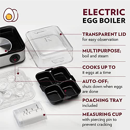 Borosil Electric Egg Boiler, 8 Egg Capacity, For Hard, Soft, Medium Boiled Eggs, Steamed Vegetables, Transparent Lid, Stainless Steel Exterior (500 Watts) - Image 6