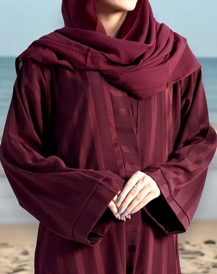 Musheco Latest Abaya In Premium Zoom Pro Fabric| Front Open with Wide Sleeves and Black Stole Hijab| Stylish Burqa for Women and Girls (COP-074-Maroon) (LARGE) - Image 4