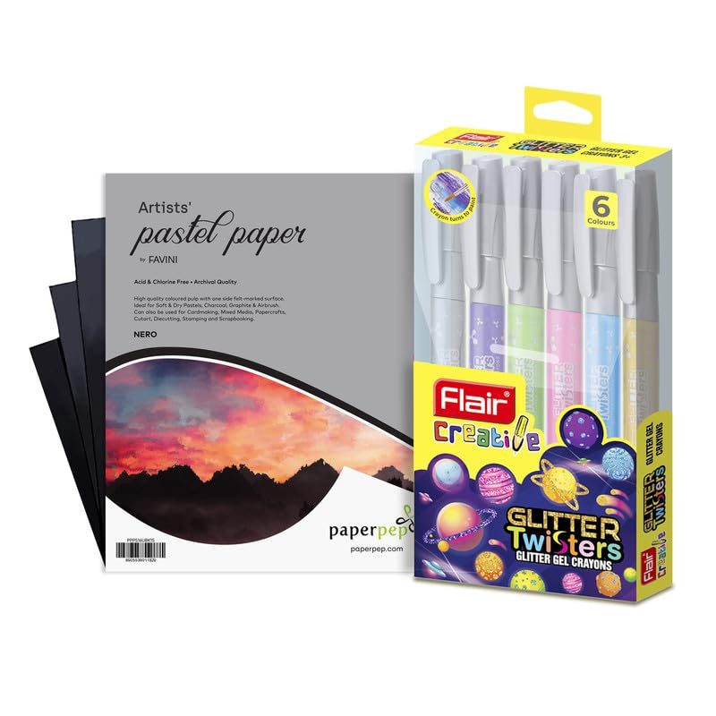 Flair Glitter Twisters Gel Crayons With 6x6 Pastel Paper Combo Pack