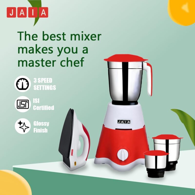 Jaia Stylie 550 Watt 3 Jar Mixer Grinder with 3 Speed Control and 1000 Watt Dry Non-Stick soleplate Iron Super Combo (Red & White,1 Year Warranty) - Image 5