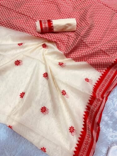 Zwab Women's Cotton Silk Soft Jamdani Sarees With Attach Unstitched Blouse Piece (Off White) - Image 4