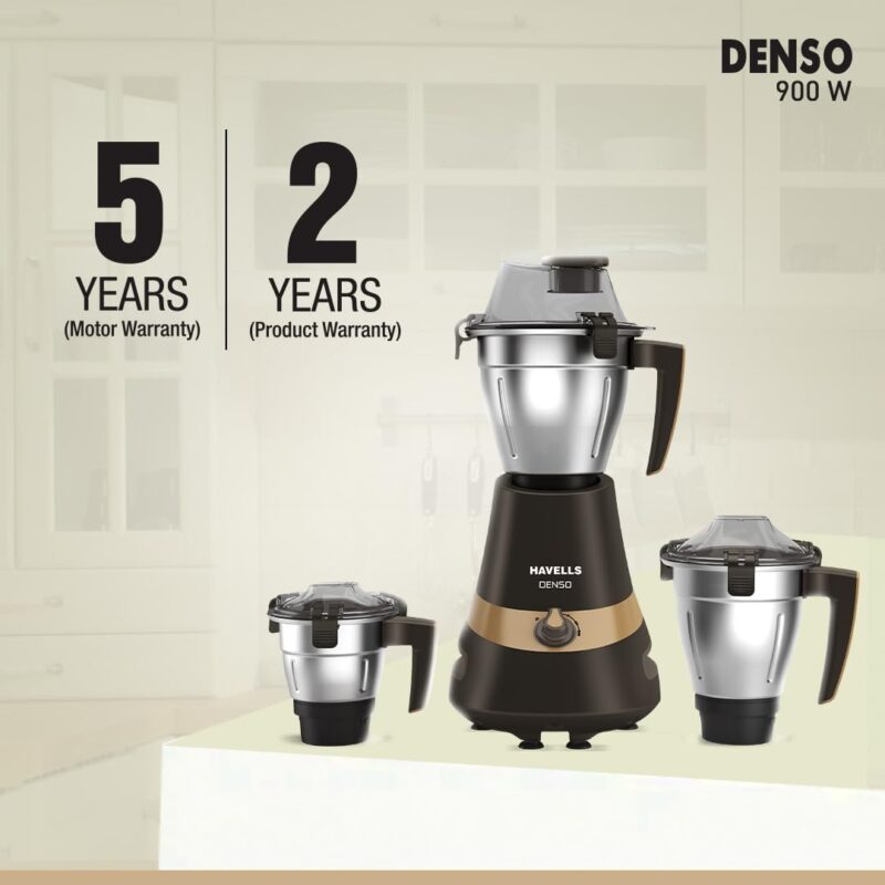 Havells Denso Heavy Duty 900 Watts 3 Jar Mixer Grinder | Ball Bearing Copper Motor | Large Break Resistant Alluminium Collar Jars with Flow Breaker | 2Yr Product & 5Yr Motor Manufacturer Warranty - Image 7