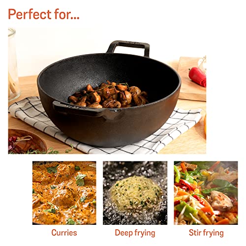 Meyer Pre Seasoned Cast Iron Kadai|Iron Kadhai with Lid for Cooking and Deep Frying | Heavy Base Iron Kadai Small Size | Gas Stove and Induction Friendly 20cm/ 2 Liters, Black - Image 6