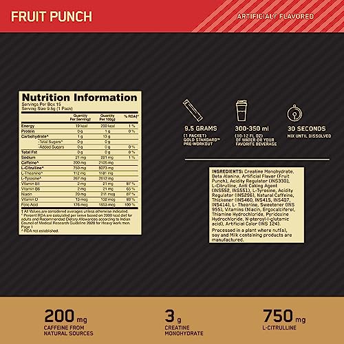 Optimum Nutrition (ON) Gold Standard Pre-Workout- 142.5g/15 single serve packs (Fruit Punch Flavor), For Energy, Focus, Power, Endurance & Performance - Image 10