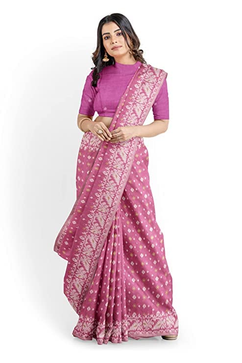 OISHANI SAREE GHOR Women's Traditional Bengal Cotton Silk Jamdani Saree (PINK)
