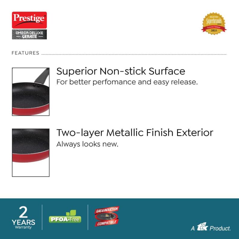Prestige Omega Deluxe Granite Non-Stick Cookware 3 Pc Set| PFOA Free 5-Layer Coating | Omni Tawa 25 cm | Fry Pan 24 cm | Kadai with Glass Lid 24 cm | Crimson Red - Image 2