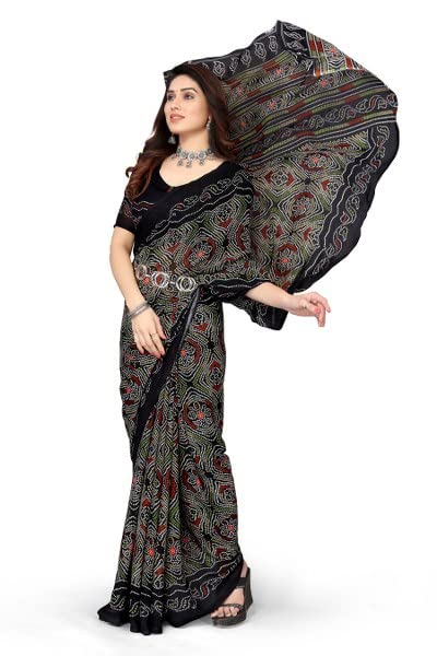 Priyashi Pure Womens Georgette Printed Saree with Blouse Piece(AAYUSHI Black_N_Free Size) - Image 4