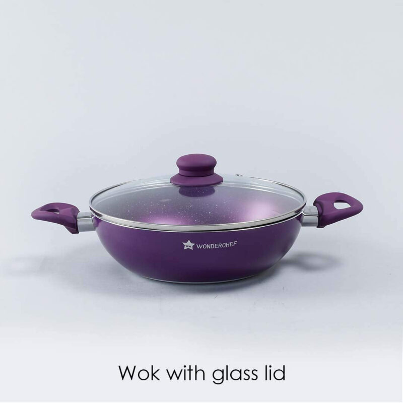 Orchid Non-Stick Cookware 4 Piece Set | Kadhai with Glass Lid 2.7L, Dosa Tawa 28cm, Fry Pan 24cm | Induction Bottom | Soft Touch Handles | Pure Grade Aluminium | PFOA Free | 2 Year Warranty | Purple - Image 2