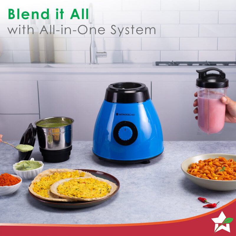 Wonderchef Renewed Acura Blender Pro Mixer Grinder | 4 Jars (2 Stainless Steel + 2 Polycarbonate Jars) |500W | 230V~50Hz | Black & Blue - Image 3