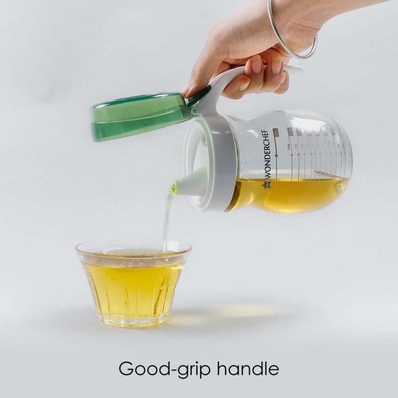 Oil Pourer Glass Bottle for Kitchen, Transparent Oil Pourer and Holder with Green Lid, Accurate Pouring without Wastage, 550ml - Image 4