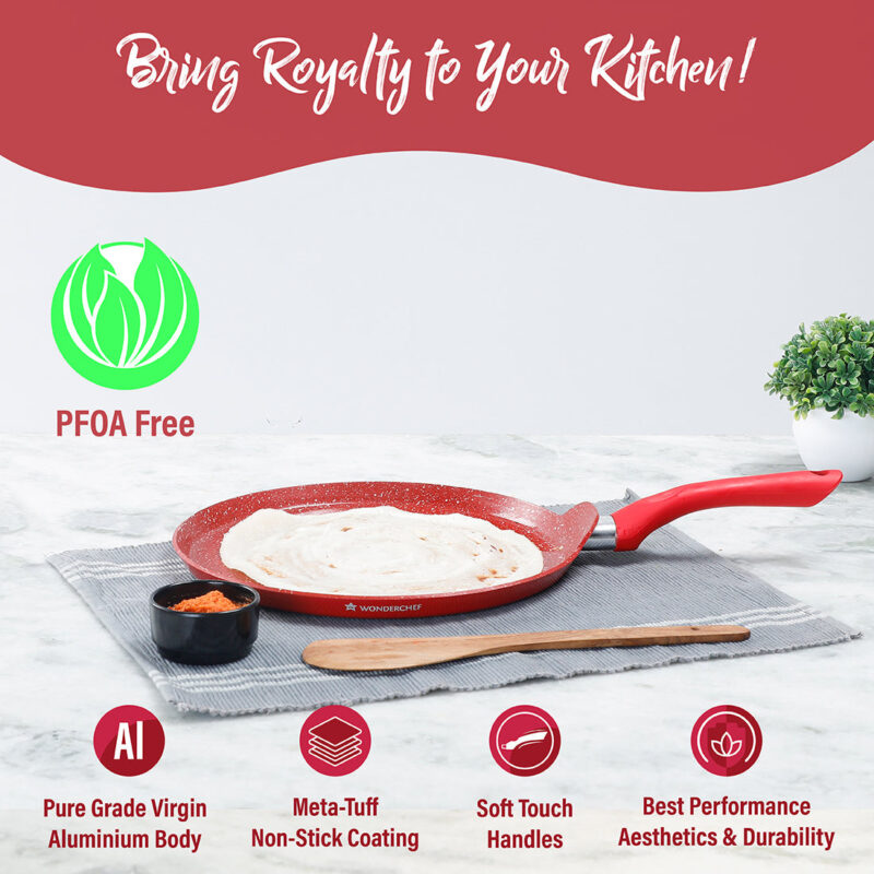 Royal Velvet 30 cm Non-Stick Dosa Tawa | Induction Bottom | Soft-Touch Handle | Virgin Grade Aluminium | PFOA/Heavy Metals Free | 3 mm | 2 Years Warranty | Red - Image 3