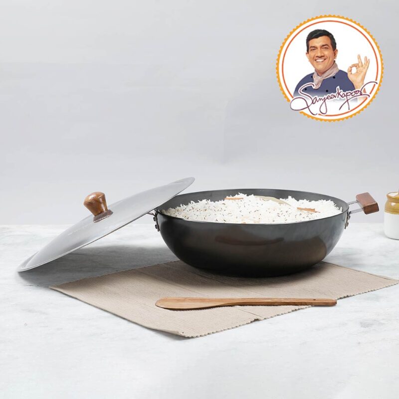 Ebony Hard Anodized 34 cm Deep Kadhai with Lid | 8 L| 3.25 mm thick| Ideal for Healthy Stir-frying, Saute, Curry | Black - Image 4