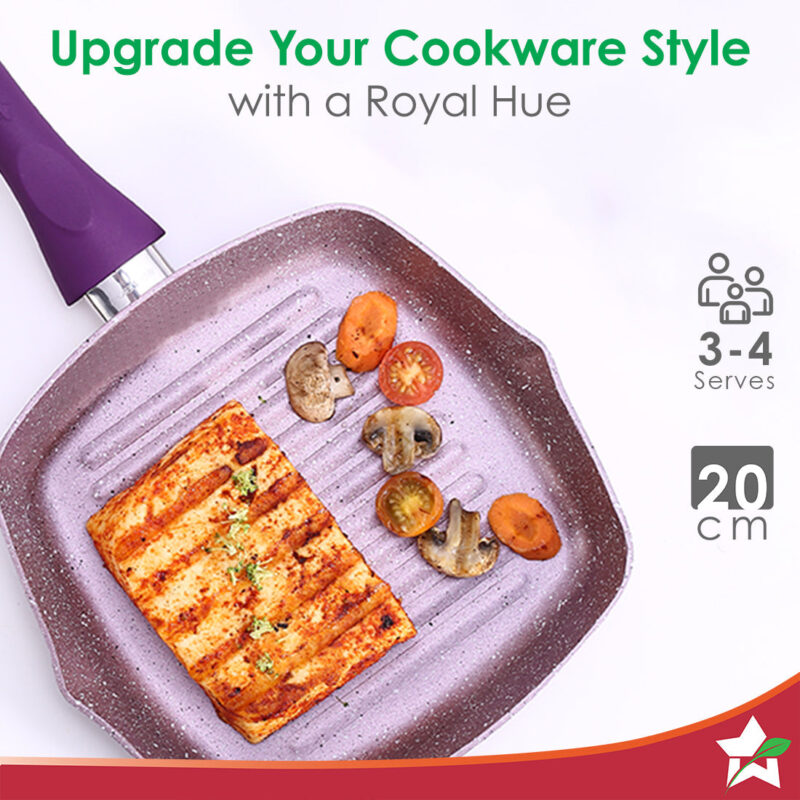 Royal Velvet 24cm Grill Pan | Soft-touch handles |Non – Toxic I Virgin Aluminium| 3 mm thick | 2 year warranty | Purple - Image 4