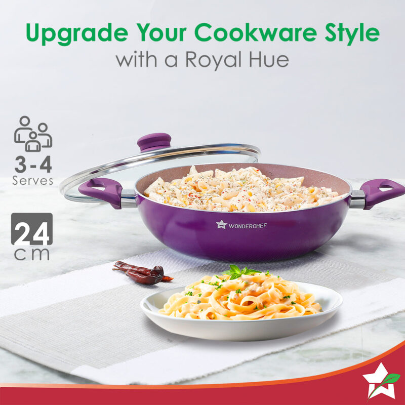 Royal Velvet Non-stick 24cm Kadhai with Lid and Handles | Glass Lid | Induction Ready | Soft-touch handles |Non – Toxic I Virgin Aluminium| 3 mm thick | 2 year warranty | Purple - Image 4