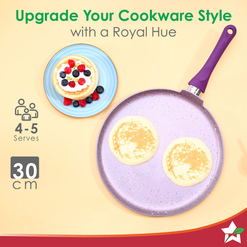 Royal Velvet Non-stick 30cm Dosa Tawa I Induction Ready | Soft-touch handles |Non – Toxic I Virgin Aluminium| 3 mm thick | 1.8 litres | 2 year warranty | Purple - Image 4