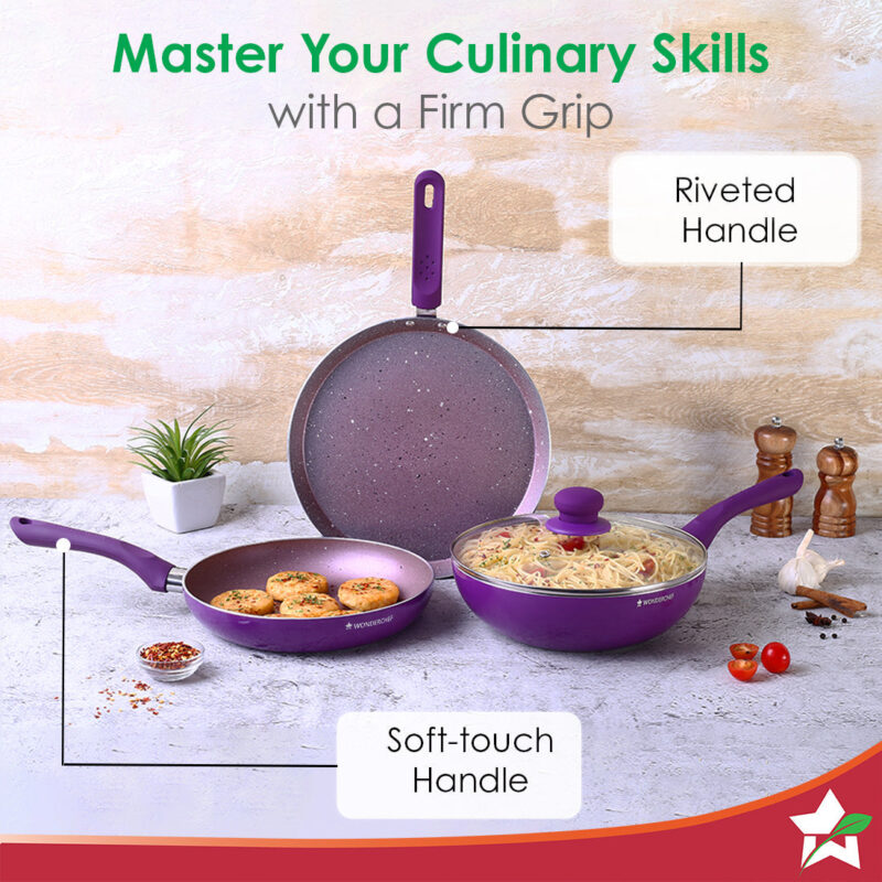 Royal Velvet Non-stick Cookware Set, 4Pc (Fry Pan with Lid, Wok, Dosa Tawa) 3mm, 2 Years Warranty, Purple - Image 4