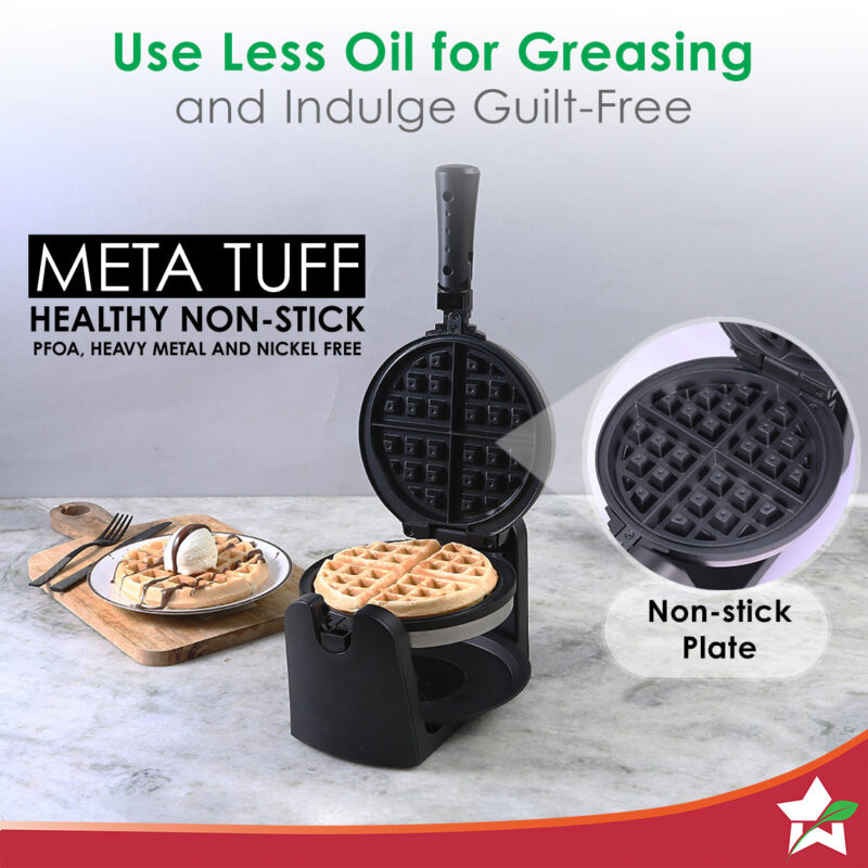 1000 Watt Belgian Waffle Maker | Non-stick Plates| Adjustable Temperature Control | Stainless Steel Body | 180 Degree Rotating Function For Uniform Baking | 1 Year Warranty | Steel & Black - Image 4