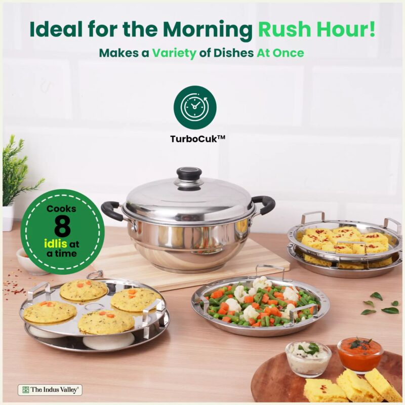 4 Pit Tri-Steel Premium Stainless Steel Idli/ Dhokla/ Momo Maker/ Multi Pot/ Veg Steaming Set, Tri-ply Induction Bottom, 5 Plates, 3L - Image 7