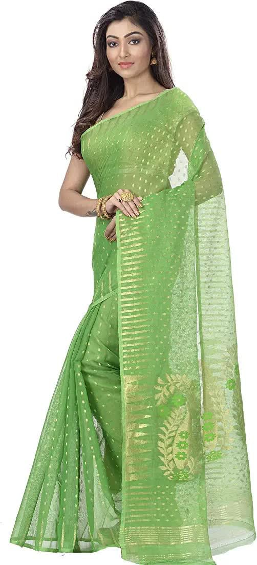 Piyari Fashion Womens Self Design Bollywood Cotton Silk Jamdani Saree Without Blouse Piece (Green) - Image 4