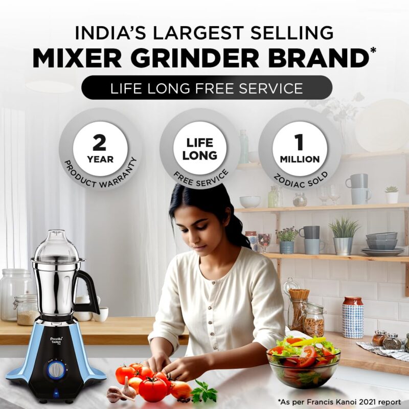Preethi Taurus Pro Mixer Grinder for Kitchen, 3 Jars 1000 Watt Mixie, Dry and Wet Grinder Jar, 2 Year Warranty, Blue-Black, (Mg-259) - Image 3