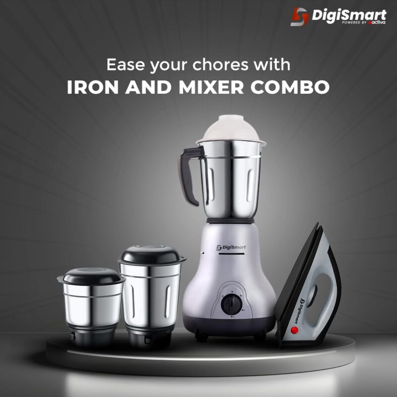 DIGISMART Kitchen Mate 750 Watt Mixer Grinder with 3 Jars for Grinding, Mixing with Powerful Motor with 1150 Watt Light Weight Lancer Dry Iron come with 2 Years Warranty (Black, Combo Offer) - Image 4