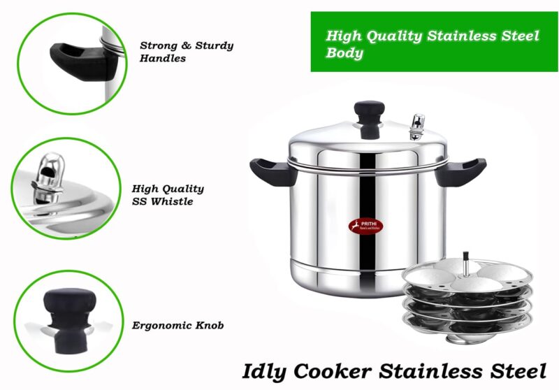 Prithi Home's and Kitchen Heavy Gauge Stainless Steel Induction Friendly Idli Cooker/Idli maker 4 plate Regular + 2 Mini Idly plate -16 idli,36 mini Idli (4 Regular Idli Plate with stand+ 2 Mini Idly Plate Extra) - Image 6