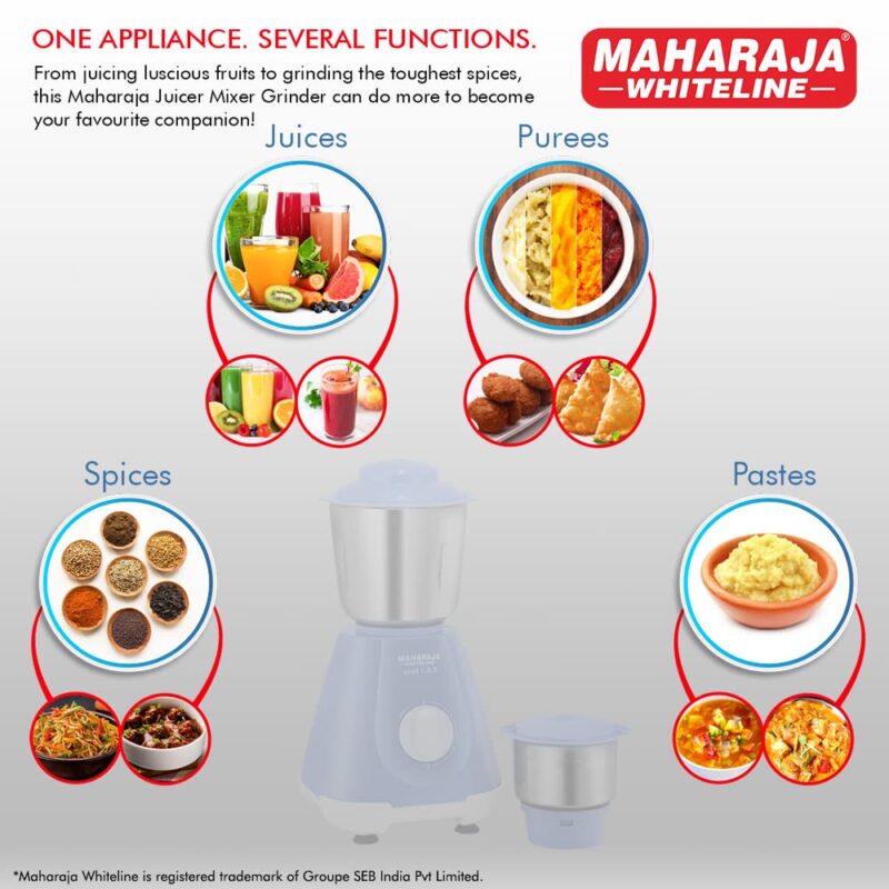Maharaja Whiteline Smart Mixer Grinder | 500-watt | 20000 RPM Motor Speed | Air Ventilation System | Stainless-Steel Jars & Blades | Unique Jar Flow Breakers | 2 Year Motor Warranty |Blue - Image 2