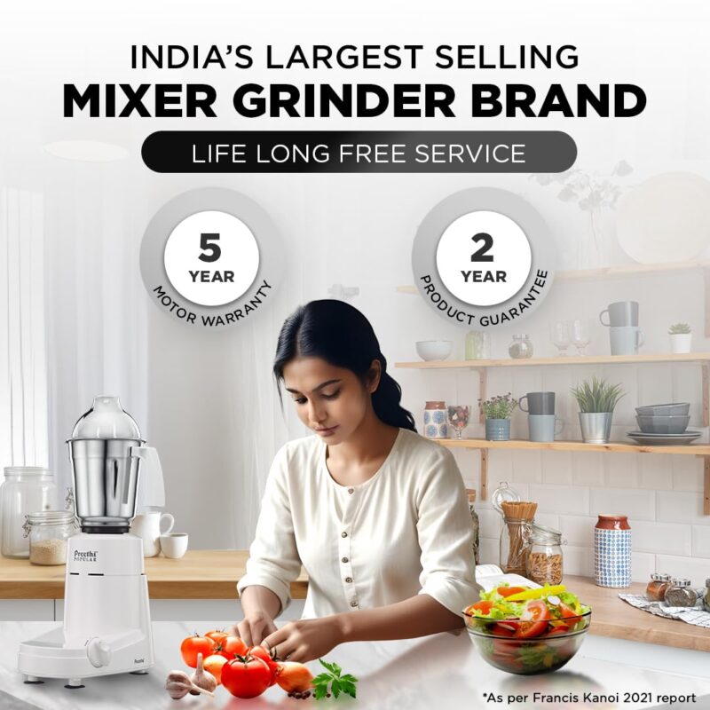 Preethi Popular Mixer Grinder for Kitchen | 750-Watt L-shaped Mixie, 3 jars | 5yr Motor Warranty & Lifelong Free Service| White (MG 142) - Image 3