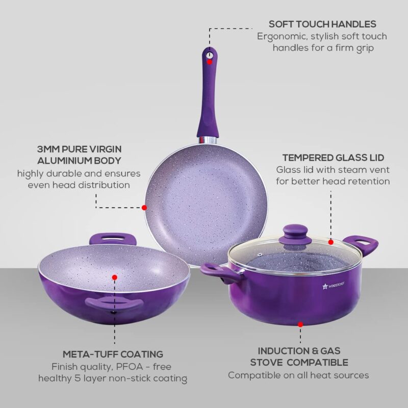 Galaxy Festival 4pcs Cookware Set | Casserole with Lid, Fry Pan, Kadhai | Induction Friendly | Cool Touch Bakelite Handles | Pure Grade Aluminium| PFOA Free| 2 Years Warranty | Purple - Image 6