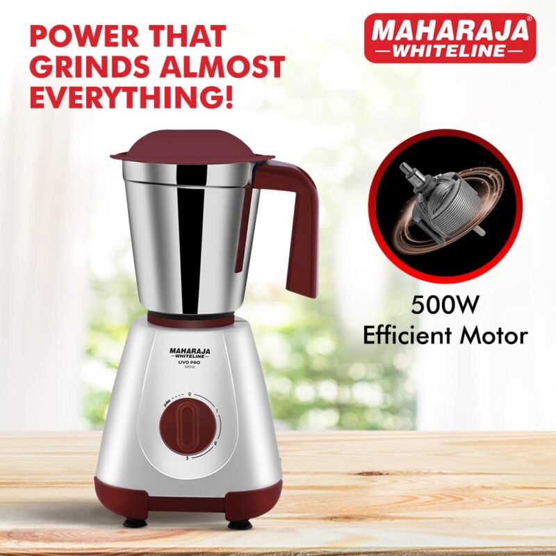 Maharaja Whiteline 500W Livo Pro Mixer Grinder with 3 Stainless Steel Jars with lid and 20,000 RPM Motor Speed (White & Cherry Red) - Image 4